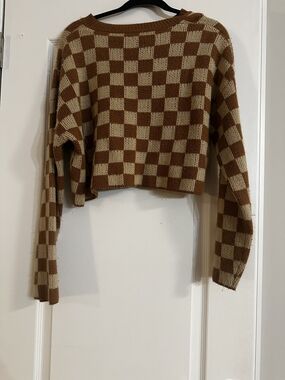 Fashion Nova Checkerboard Cropped Crewneck Sweater - Brown & Cream
